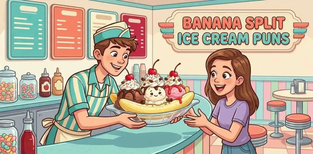 Funny banana split dessert scene
