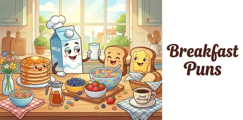 Cute breakfast characters sharing meal