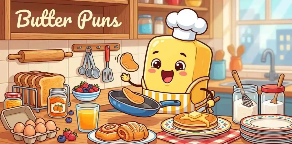 Cute butter character cooking breakfast