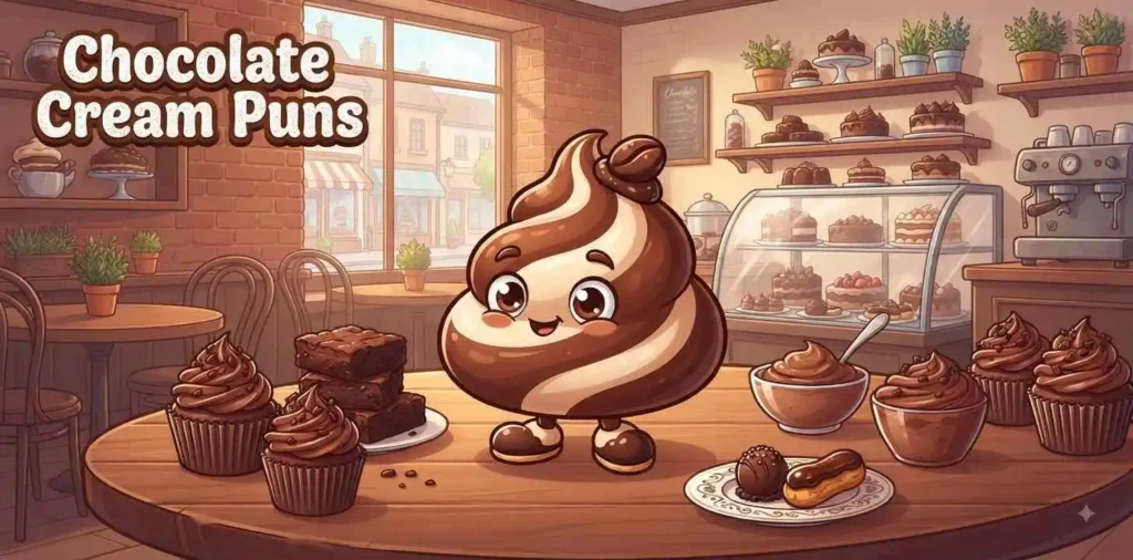 Chocolate cream mascot with desserts