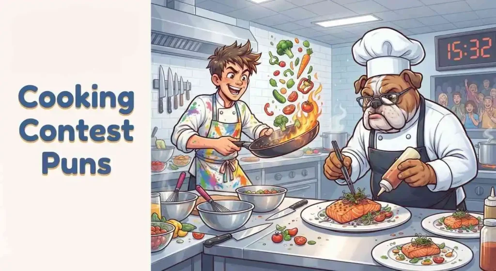 Funny chefs competing in kitchen