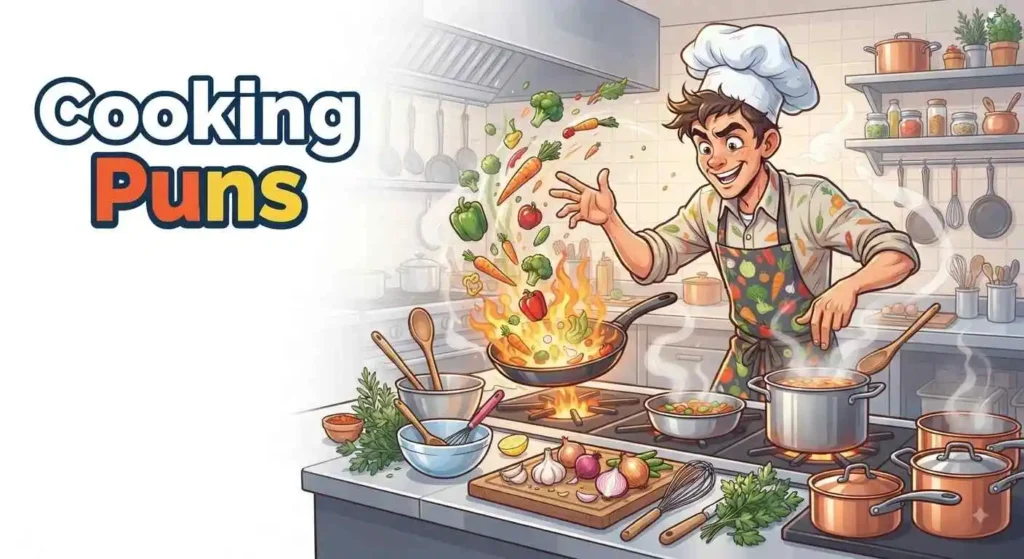 Funny chef cooking colorful meal