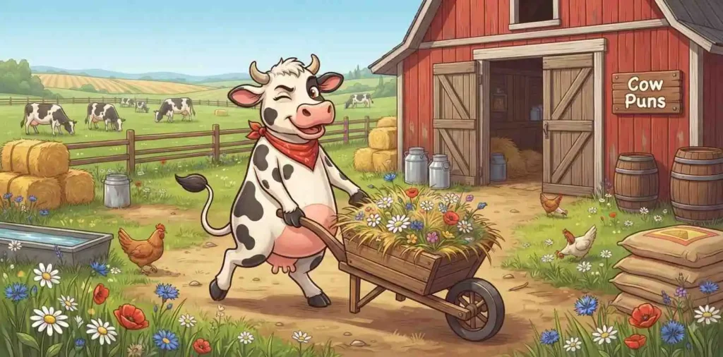 Playful cow beside red barn