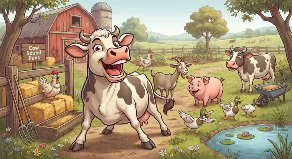 Cow mooing beside surprised farm animals