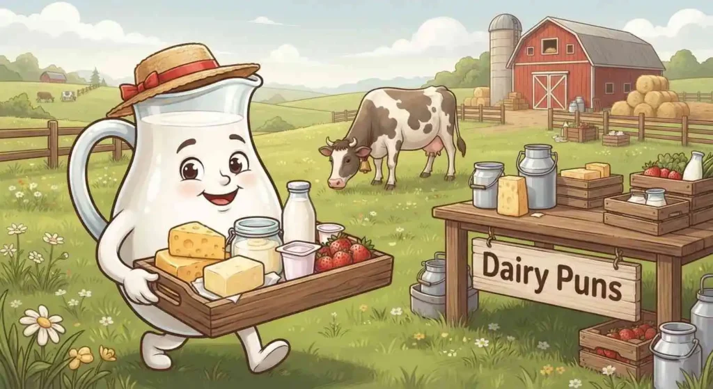 Playful milk character dairy farm