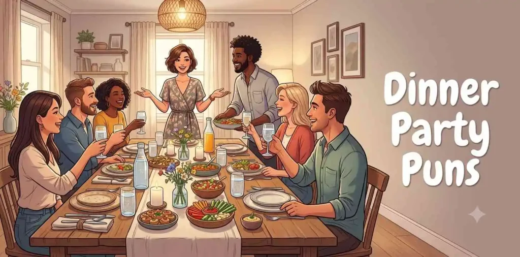 Friends enjoying funny dinner party