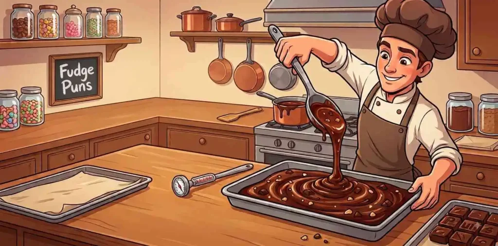 Funny baker making chocolate fudge