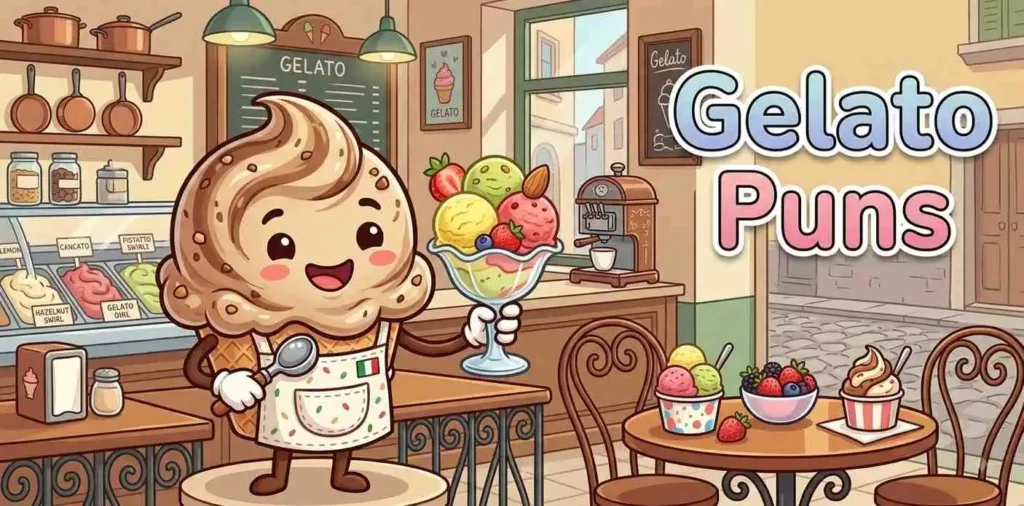 Cute gelato character serving colorful dessert scoops