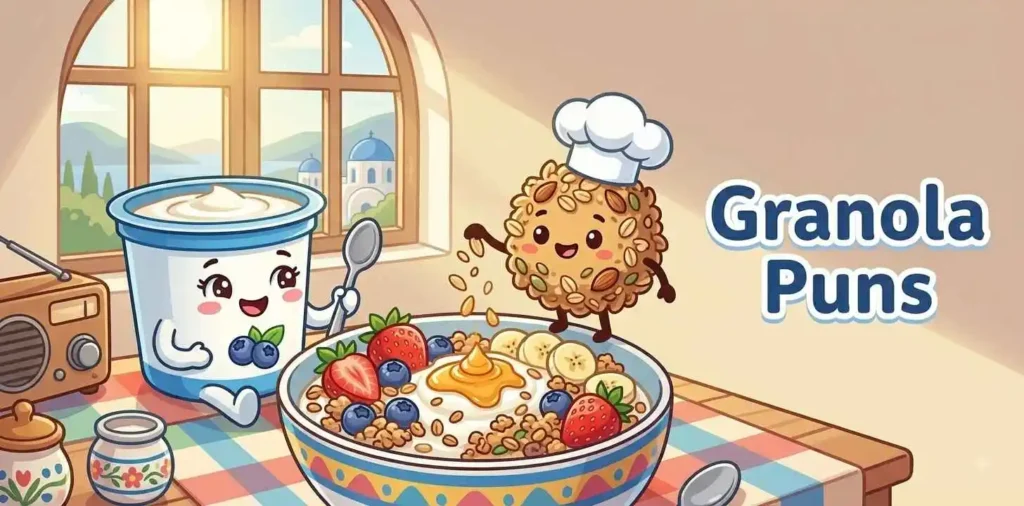 Cute yogurt bowl with granola and fruit toppings