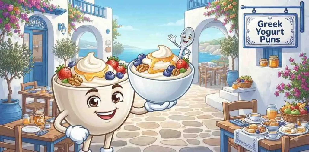 Greek yogurt character at cafe