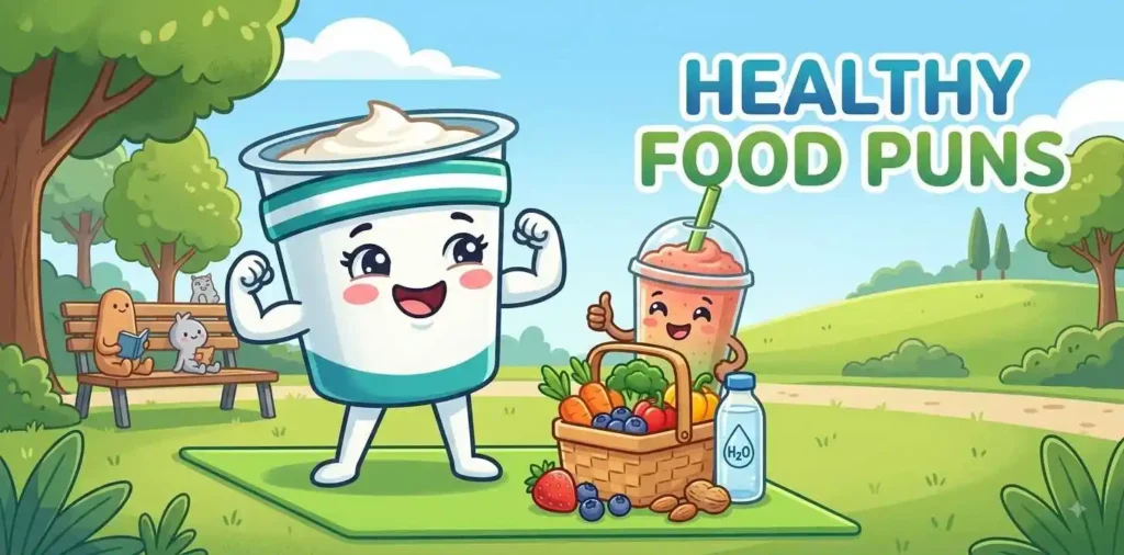 Greek yogurt mascot with healthy foods and fitness theme