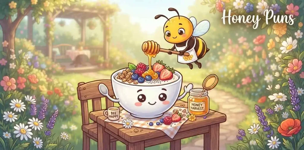 Cute honeybee adding honey to yogurt bowl