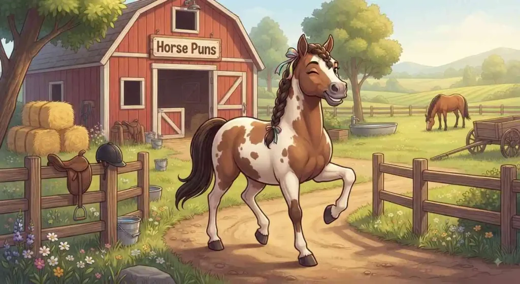 Cheerful horse at country barn