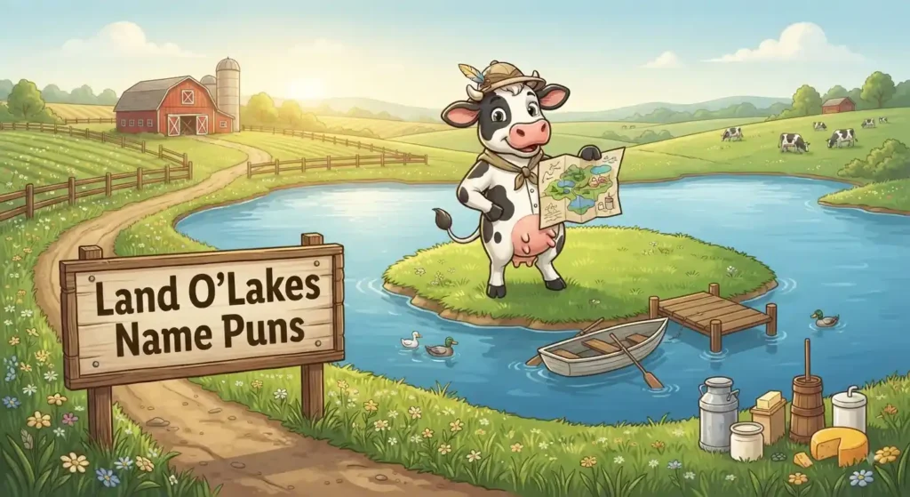 Cow exploring farmland between two lakes