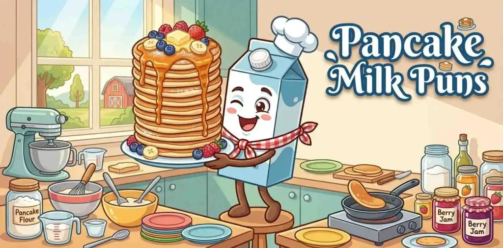 Milk character with pancake breakfast