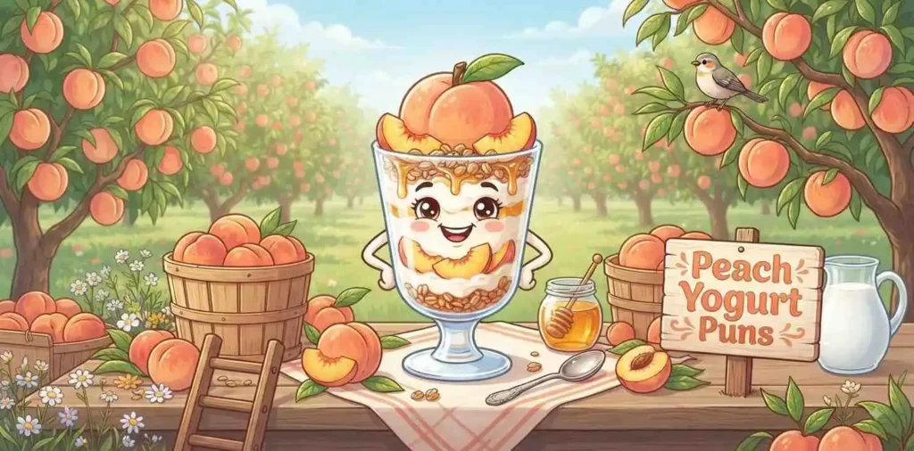 Peach yogurt character in orchard