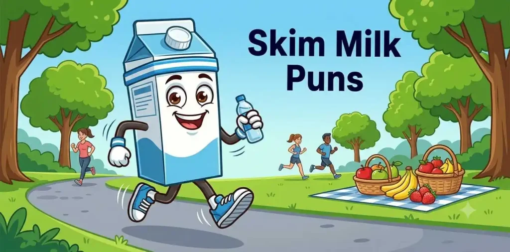Funny skim milk character exercising