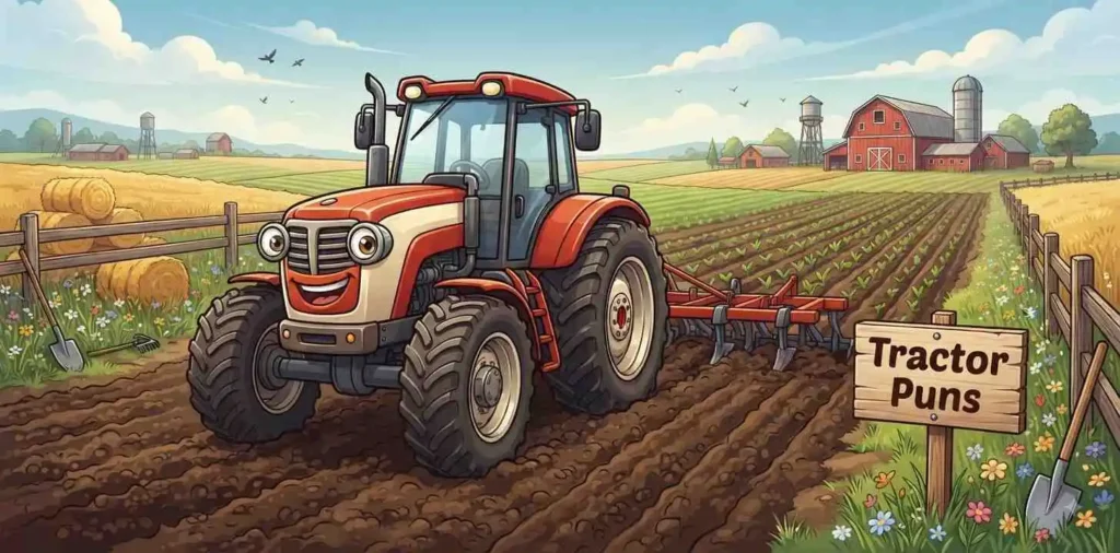 Red tractor working green field