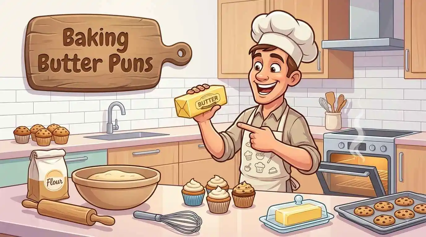 Funny baker with butter and cupcakes