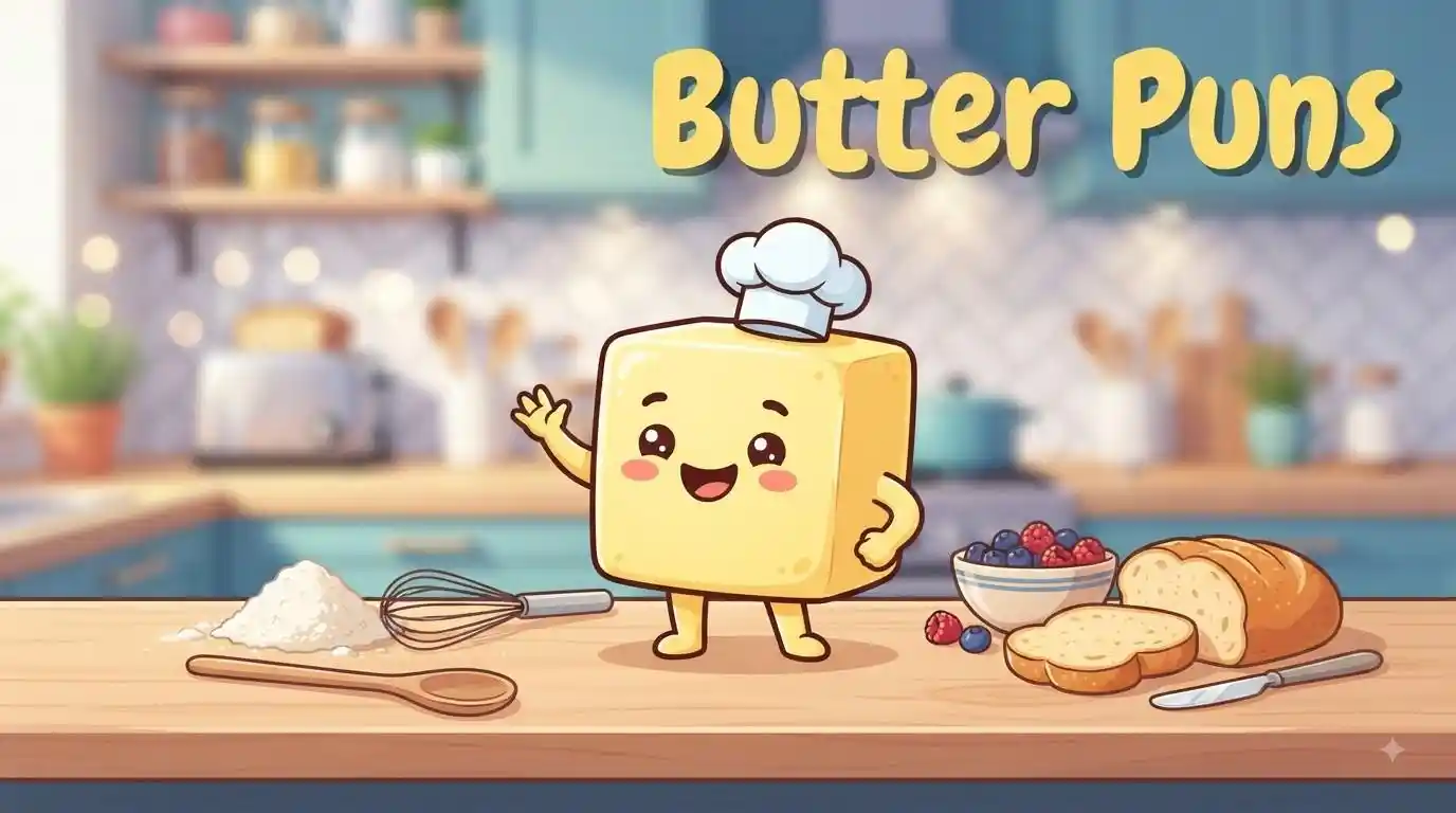 Cute butter character making funny food puns