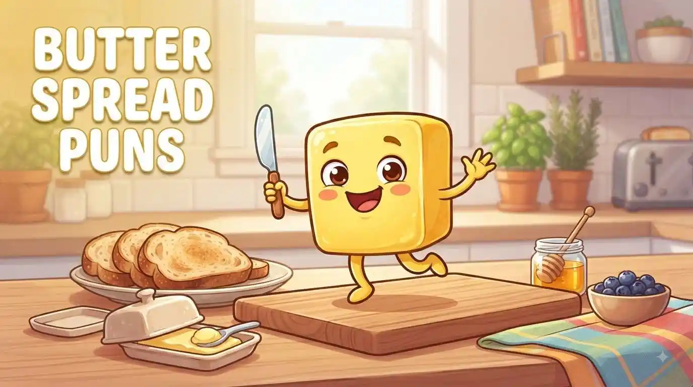 Cute butter character spreading funny puns