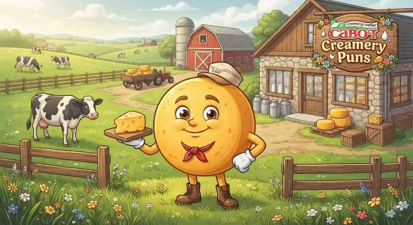 Cheese character beside dairy farm