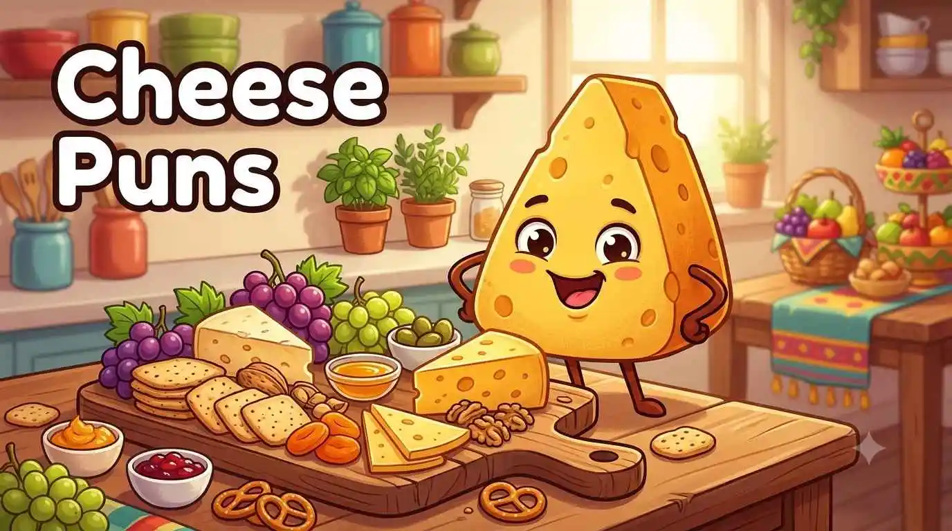 Cute cheese character with snacks