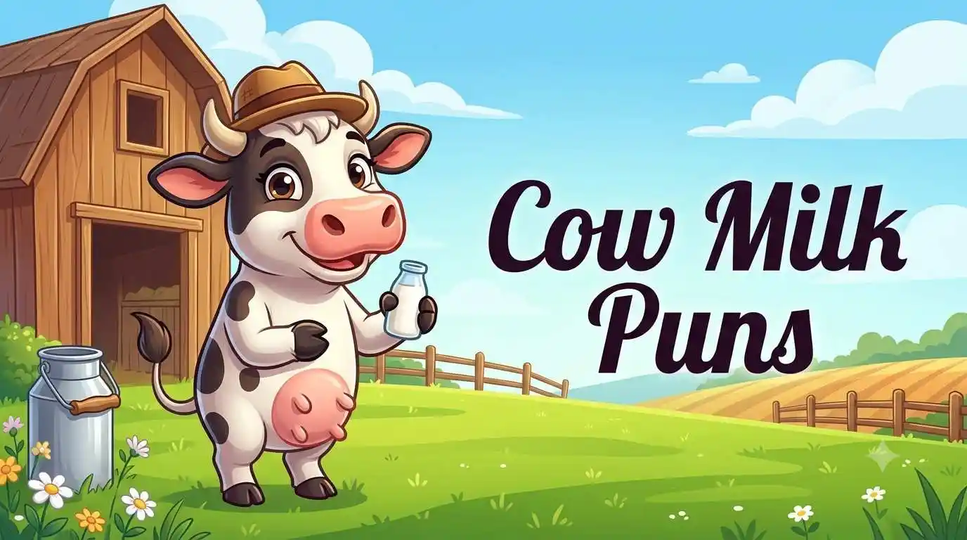 Cute cow milk pun character scene