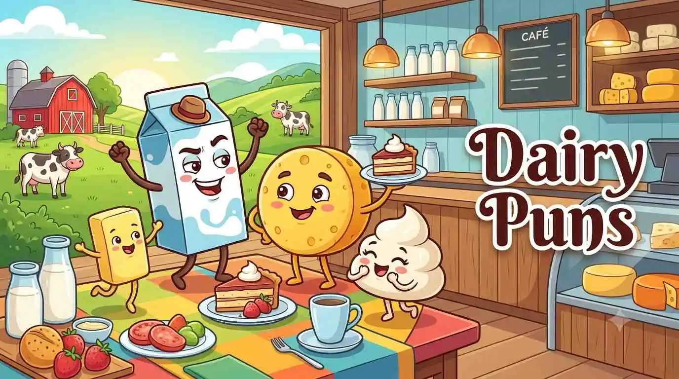 Cute dairy characters sharing funny moments