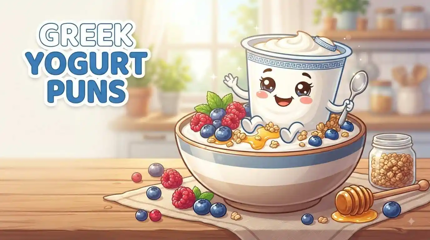 Funny Greek yogurt character smiling in breakfast scene