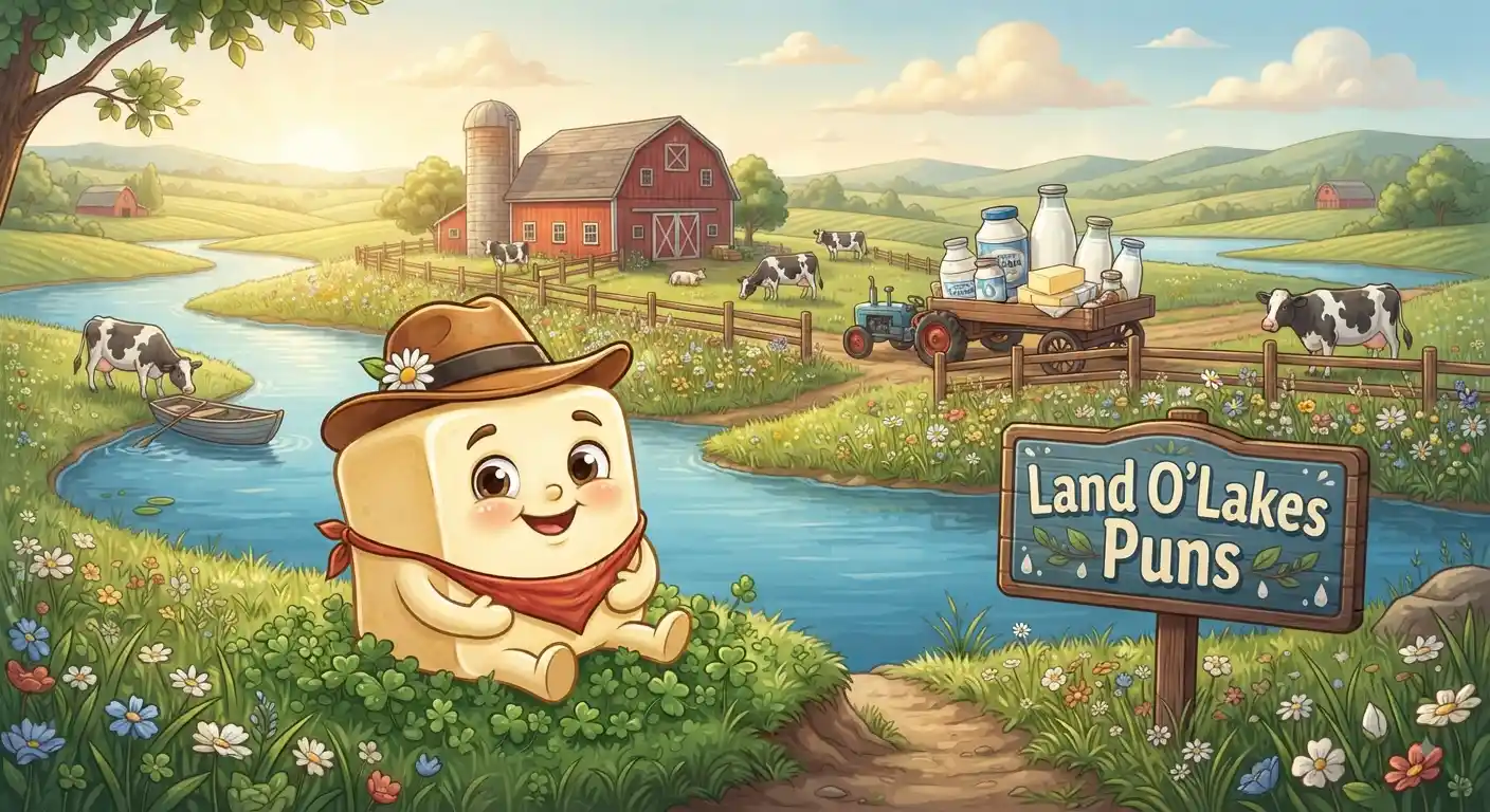 Butter character beside a dairy farm lake
