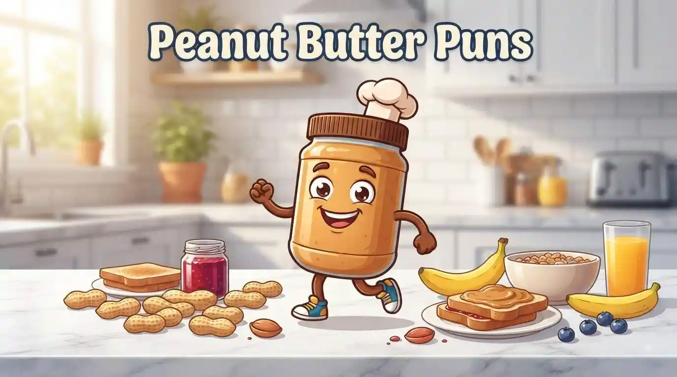 Cute peanut butter character making puns