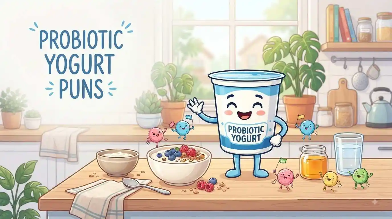 Cute probiotic yogurt character with healthy foods