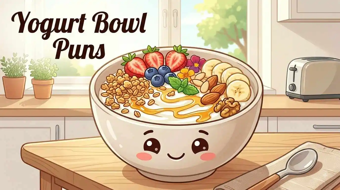 Cute yogurt bowl character with fresh toppings